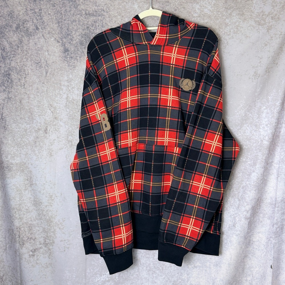 Jordan Holiday Plaid Hoodie Men's XXL Flight Crest Fleece Pullover Red Black